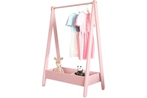 URBNLIVING Kids Wooden Hanging Dress Up Clothes Rail Rack Display Stand Extra Storage Shelf (Pink)
