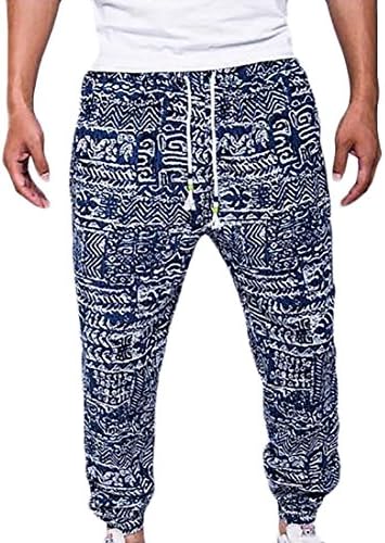 Happiness Entrance H&amp;E Mens Linen Casual Printed Drawstring Jogger Pants Dark Blue Medium