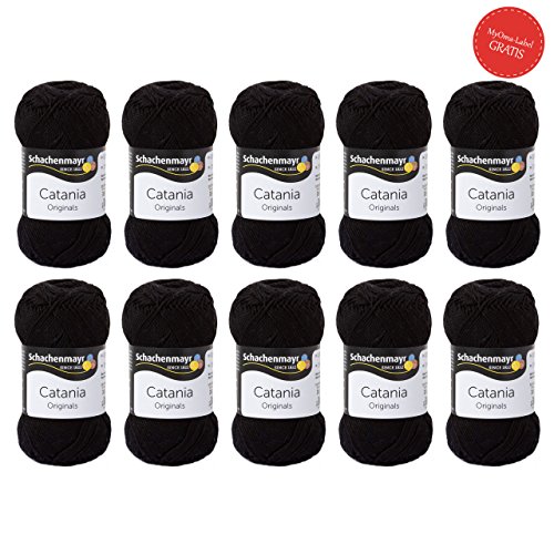 Baumwolle Catania 10er Pack - Catania Schachenmayr in schwarz (Fb 110) - Wolle Set mit 10 Knäuel in schwarz zum Stricken oder Häkeln eines Jäckchens - Catania schwarz - Wollpaket von MyOma - 1x GRATIS MyOma Wollrausch Label pro Lieferung