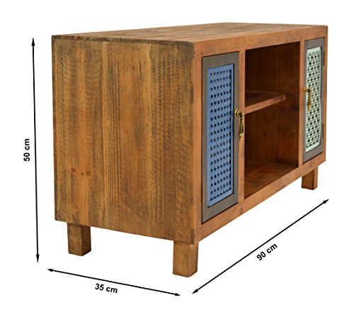 ts-ideen TV-Bank Lowboard HiFi-Schrank Vintage Antik Shabby Design Used Style Massivholz braun zwei Türen mit buntem Muster - 2