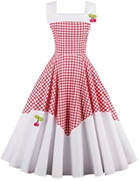 VKStar® 50er Rockabilly Kariert Kleid Petticoat Vintage ärmellos Kirschen Abendkleid
