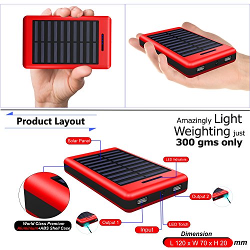 COOLNUT High Performance Solar 13000 mAh Power Bank For All Smartphones (Red, Black)