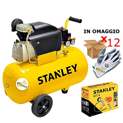 Compressore STANLEY LT 50 + Kit Accessori per Aria Compressa 6/8 Pezzi + in OMAGGIO 12 Paia di Guanti da Lavoro Fercolor FerWork (Kit Accessori 6 PZ)