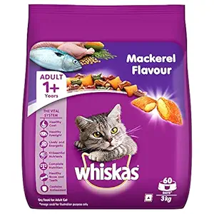 Whiskas Adult (+1 year) Dry Cat Food , Mackerel Flavour, 3kg Pack