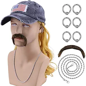 Hulaidywig Mens Mullet Costume Set - Hat with Blonde Wig with 6 Earrings and Mustache + Necklace