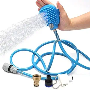 SKAIV 3 in 1 Handheld Plastic Rubber Pet Dog Cat Bathing Shower Spray Tube Pipe with Scrubber for Home (Blue)