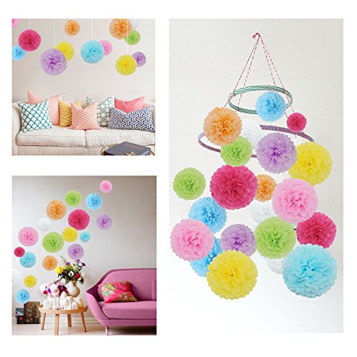 Feelshion 18x Seidenpapier Farbig Pompons Set als Geburtstag Kindergeburtstag Hochzeit Gartenparty Dekoration - 3