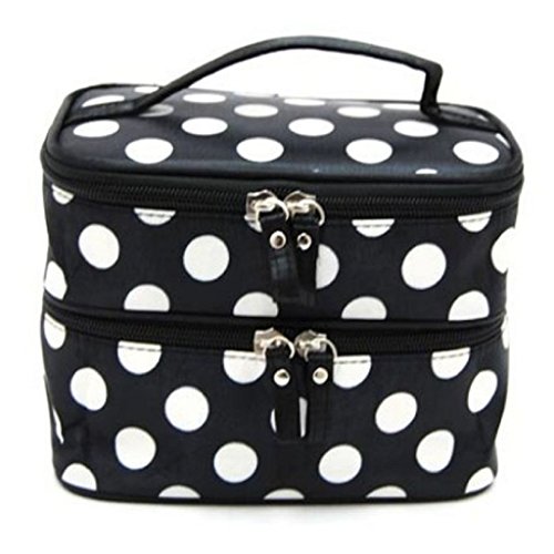JACKY Wave Dot Case Makeup Double Cosmetic Hand Bag Tool Storage Toiletry (Black white)