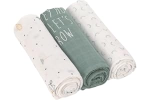 LÄSSIG Coperta Puck per neonati Panno di garza Set di 3 pezzi in cotone 80 x 80 cm/Heavenly soft Swaddle L Garden Explorer Tractor