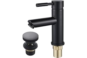 Black Basin Tap with Waste,Luckyhome Washroom Sink Mixer Taps Single Lever Brass Cold and Hot Water Faucet
