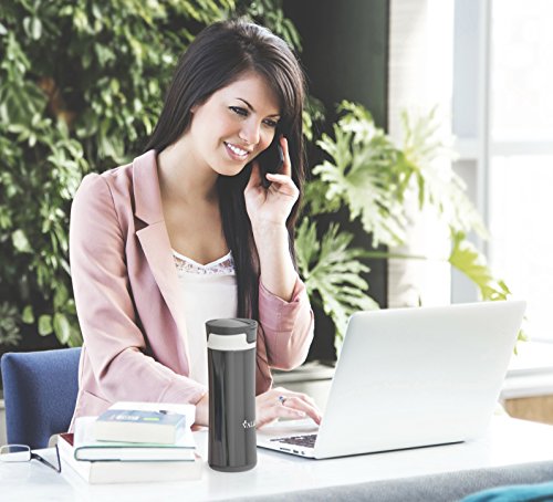 Isolierbecher Für Kaffee oder Tee aus Rostfreiem Edestahl – 450 ml – Travel Mug mit One Push Verschluss Deckel – Thermobecher To Go – Schwarz - 4