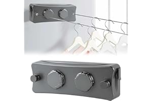 BLYEMICHDI Corde à Linge Rétractable 5.1 m, Fil a Linge Retractable en Acier Inoxydable, Étendoir à Linge pour Intérieur et Extérieur, Peut Contenir 22 Kg, Deux Lignes de Lavage Réglable pour Balcon, Gris