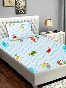 Slumber Cotton 300 TC Animal Print Single Bed Designer Bedsheet for Kids with Pillow Cover- Blue (3B91SLOB04BLUS1)