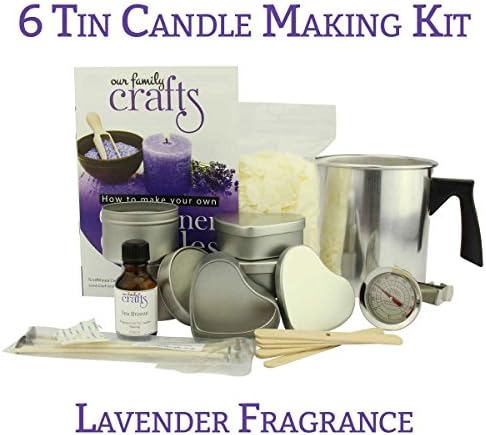 6 Mixed Tin FULL Candle Making Kit - Makes 4 Heart Tins &amp; 2 Small Round Tin Candles, Easy to Use with Wax Melting Pitcher, Candle Makers Thermometer &amp; Full Instruction Booklet Supplied - Our Family Crafts (Lavender)