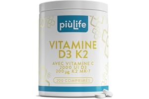 +LIFE Vitamine D3 K2 MK7 + C PiùLife – 200 comprimés | 2000 UI Vitamine D, 200 µg K2, 125 mg Vit C | Immunité, Énergie & Soutien des Os et Dents | Boost Energie