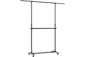 SONGMICS Stand Appendiabiti Doppio, Attaccapanni Estensibile con Ruote, Altezza Regolabile 113-180 cm, Barra Centrale Regolabile, Nero LLR401B01