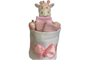 THE BIG CARD COMPANY Nappy Cake Pink Baby Gift - Muslin Square wrap 9 Premium Nappies, Baby Bib Socks and Plush Soft Giraffe