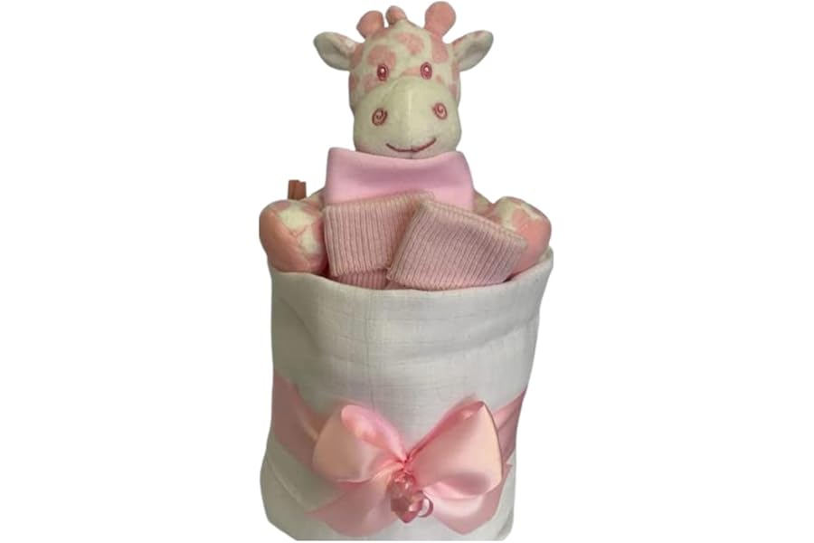 Nappy Cake Pink Baby Gift - Muslin Square wrap 9 Premium Nappies, Baby Bib Socks and Plush Soft Giraffe