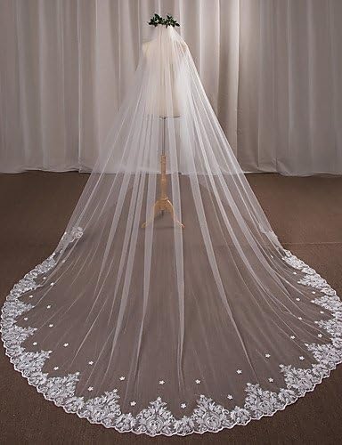 FJY&amp;G One-tier Wedding Veil Cathedral Veils 53 Appliques Lace Tulle , ivory