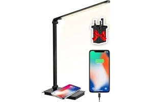 Maxesla LED Desk Lamp with Wireless Charging with QC3.0 Fast Adapter, Desk Lights for Office with USB Charging Port, 10 Brightness Levels Reading Lamp with 5 Modes, Timer, Touch Control and Memory