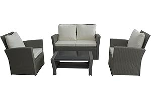 COZYBRITE Rattan Sofa Garden Furniture Set 4 Seater with Armchair Cushions Coffee Table & Outdoor Waterproof Cover SFS009- (Solid Grey with Light Cushions)