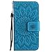 Produktbild iPhone 5S Hülle,Luxus Tasche für iPhone 5,Leweiany Handytasche Ledertasche iPhone 5 SE 5S Schutzhülle Elegant Prägung Sonnenblume Einfarbig Muster Lederhülle Handyhülle PU Leder Stand Hülle Etui mit Karte Halterung und Magnetverschluß Kratzfestes Leder Wallet Klapphülle Flip Book Case TPU Cover Bumper Tasche Slim Brieftasche Etui Schale für Apple iPhone 5/5S/SE (Blau)
