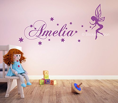Fairy & Stars Girls Personalised Any Name Kids Wall Art Mural Decal Sticker (Large - 42cm (h) x 87cm (w))