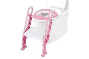 COSTWAY Siège de Toilettes pour Enfant avec Echelle de Marche Pliable et Réglable, Siège d'Apprentissage pour les tout-petits,Siège rembourré, Large Marchepied Antidérapant Charge Max.75KG (Rose)