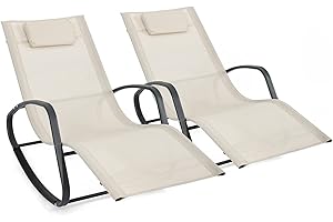 WeCooper Zero Gravity Rocking Chair, Patio Chaise for Indoor and Outdoor, Wavy Lounge Chair for Yard and Patio, Removable Headrest (Two Seats, Beige)