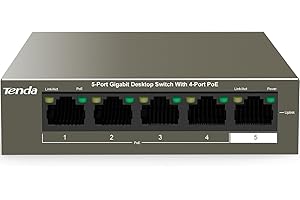 Tenda Przełącznik PoE Gigabit 5-Portowy, 4 Porty PoE+ @58 W (VLAN, IEEE 802.3af/at, Bez Wentylatora, Niezarządzany, Montaż Na Biurku/Na Ścianie, Obudowa Metalowa) (TEG1105P-4-63W)
