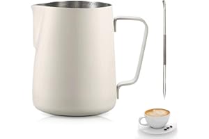 Pot à Lait en Acier Inoxydable,Tianher Pot à Lait en Acier Inoxydable à Main Levée Café Barista Inox Pichet avec Mesure Mark et Latte Art Pen pour Création Cappuccino Espresso (beige)