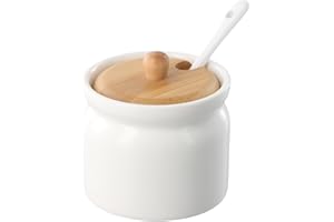 FESSOSKO Sucrier en Céramique, Boîte à épices en Céramique, Avec Couvercle en Bois et Cuillère en Porcelaine, 180ml, Convient pour Le Sucre, Le Sel, Le Fromage et Les épices, Blanc