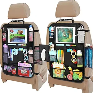 Car Seat Organizer-Backseat Car Organizer with Touchable Tablet Holder+12 Storage Pockets | 2 Bonus Hooks | Earphone Hole Design | 2 Backup Bags, Kick Mats Car Organizer Back Seat for Kids (2 Pack)