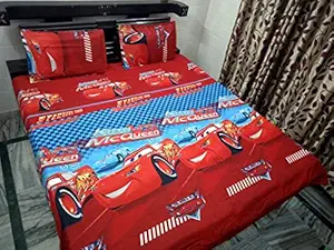 Mosho Polycotton Double Bed Cartoon Cars McQueen Print Bedsheet with 2 Pillow Covers for Kids (Red)
