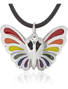 Llords Schmuck LGBT Gay Pride Schmetterling Halskette mit Regenbogen Flaggen Anhänger, feinster Zinn Metall Modeschmuck