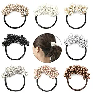 Beautyflier Pack of 8 Pearl Elastics Hair Ties Ring Rope Scrunchie Hair Bands Ponytail Holder for Women or Girls Hair Accessories (Style A)