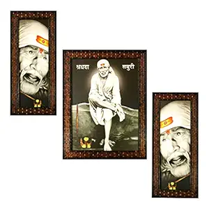 Indianara Set of 3 SAI Baba Paintings (1732) Without Glass 6 X 13, 10.2 X 13, 6 X 13 INCH