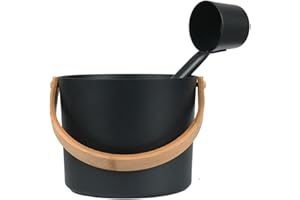 Kisbeibi Aluminum Sauna Bucket and Ladle Set Portable,Sauna Bucket and Long Handle Ladle Cedar,Sauna Steam Water Accessories,Bath Accessories Supplies,Accessories for Sauna Steam Room(Black)
