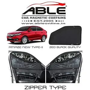 Able Zed Black Car Magnetic Sun Shade Curtains with Zipper for Honda Amaze New Set of 4 (2018 to 2020 Model)