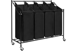 Mondeer Wäschesortierer 4 Fächer, Wäschekorb, Wäschesammler mit 4 abnehmbaren Stofftaschen, Wäschebehälter auf Rollen, Wäschebox, 4 * 35 Liter, Schwarz