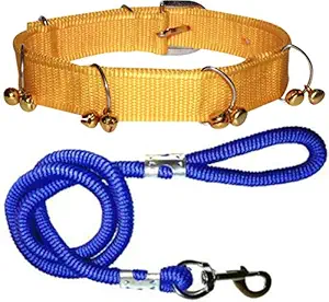 Pedigone Dog Belt Yellow Ghungroo Dog Collar with Blue Lead Specially for Medium Breed Dog Collar Leash