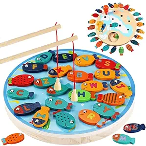 HIRNAYA Magnetic Alphabet Letter Wooden Fishing Game Learning Toy with Magnet 2 Poles for Kids | Color Sorting Puzzle Toy | Letters Recognition Gifts Early Learning Toy for Toddler Boys Girls