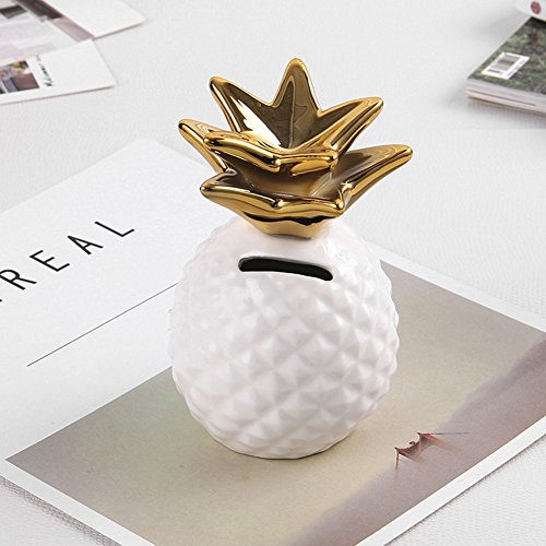 Sue Tropical d'ananas en céramique pièce de Monnaie Tirelire Boîte Pot à vin Bouchons en liège à Nourriture Maison Décorations Décorations intérieures Ananas en Forme de Tirelire (Or et Blanc)