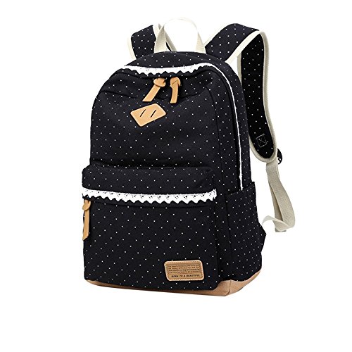 Litthing Sac à Dos Fille d'Ecole Cartable Scolaire Léger en Toile Mode Sac à Dos pour Adolescent Femme Grande Capacité Casual Voyage Loisirs Extérieurs avec Dentelle Elégante Pois Noir/Bleu/Kaki