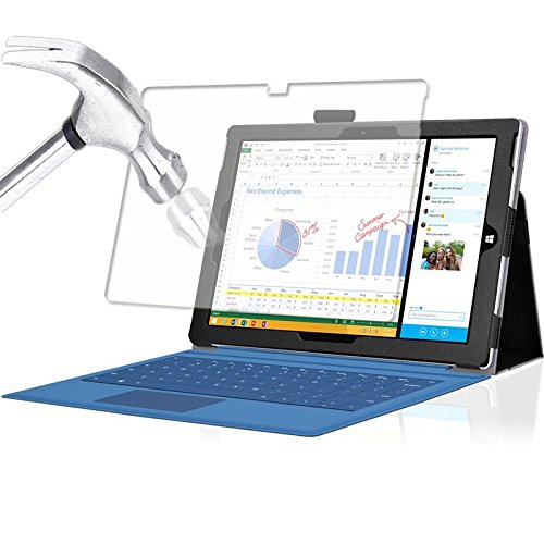 Tasche für Microsoft Surface Pro 3 mit praktischer Stand Funktion aus robustem Kunstleder und zusätzlicher Display-Schutz-Glas Panzerglas kombiniert Schutz und Design für Ihr Microsoft Surface Pro 3 Hülle Cover Case Schwarz von UC Express®