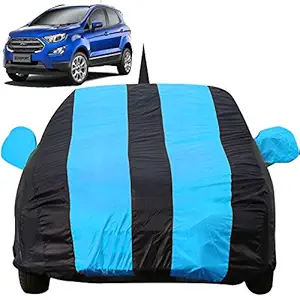 Autofact Car Body Cover for Ford Ecosport with Mirror and Antenna Pocket (Light Weight, Triple Stitched, Heavy Buckle, Bottom Fully Elastic, Teak Blue Stripes with Navy Blue Color )