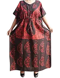 Indiatrendzs Womens Kaftan Nighty Cotton Batik Printed With Draw String In Waist 56"