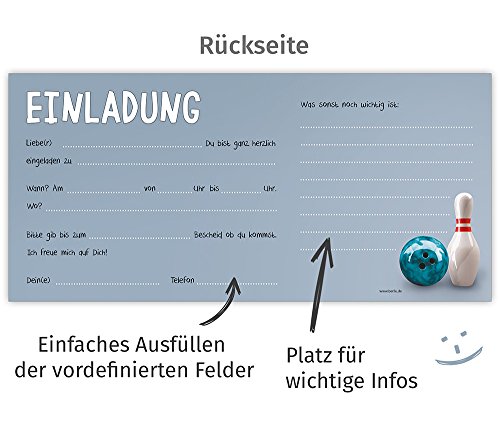 Bowling Einladungskarten mit Umschlägen (12er Set) zum Kindergeburtstag von BeriluDesign | Kegeln Kinder Geburtstag-Einladungen Karten Feier Party Jungen Mädchen - 5