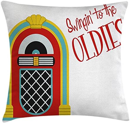 Jukebox Throw Pillow Cushion Cover, Jazz Age Vintage Party Theme Music Raido Box with Quote Art Print, Decorative Square Accent Pillow Case, 18 X 18 Inches, Red Sky Blue and Yellow