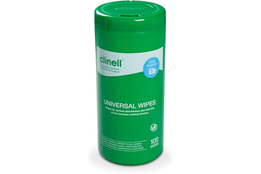 Clinell Universal Cleaning and Disinfectant Wipes for Surfaces - Tub of 100 Wipes - Multi Purpose Wipes, Kills 99.99% of Germs, Quick Action - 275mm x 190mm - Neutral Scent